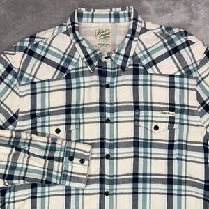 LUCKY BRAND Shirt Men's XXL Western Teal Ivory Plaid Button Up Lined Long Sleeve